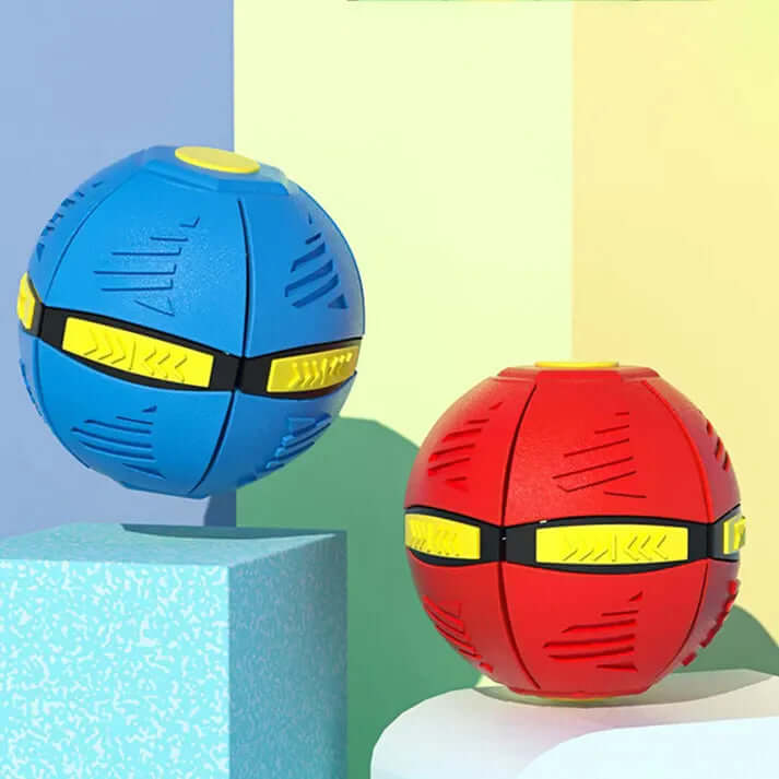 Two colorful Dog Frisbees, one blue and one red, displayed on geometric pedestals against a pastel background.
