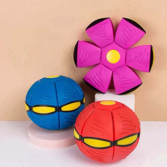 Colorful dog toys featuring a pink flower-shaped frisbee and blue and red balls for fun playtime.