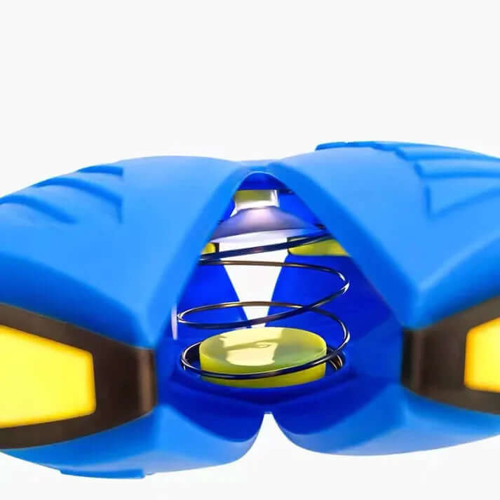 Close-up of a blue and yellow Dog Frisbee with a spring mechanism for enhanced playtime fun.